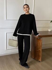 DAZY Autumn/Winter Round Neck Black & White Contrast Trim Loose Knit Sweater & Wide Leg Pants Casual Commute Daily Women's 2 Pieces Set - Black - View 3