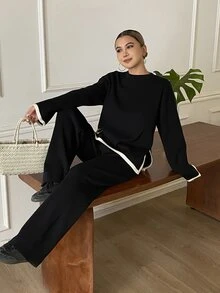 DAZY Autumn/Winter Round Neck Black & White Contrast Trim Loose Knit Sweater & Wide Leg Pants Casual Commute Daily Women's 2 Pieces Set - Black - View 5