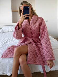 Livesso Women's Solid Color Long Sleeve Waist Tie Warm Pajama Robe - Pink - View 10