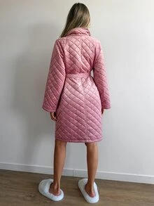 Livesso Women's Solid Color Long Sleeve Waist Tie Warm Pajama Robe - Pink - View 2