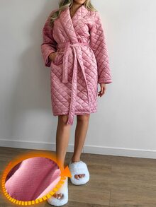 Livesso Women's Solid Color Long Sleeve Waist Tie Warm Pajama Robe - Pink - View 6