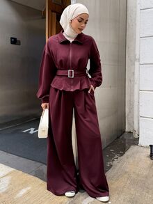 DAZY Autumn/Winter Women's 2 Pieces Set With Stand Collar Burgundy Zipper Waist Belt Cinched Waist Ruffle Hem Top And Matching Wide Leg Pants For Commute And Streetwear - Red - View 4