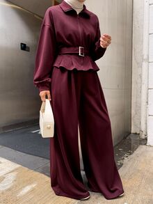 DAZY Autumn/Winter Women's 2 Pieces Set With Stand Collar Burgundy Zipper Waist Belt Cinched Waist Ruffle Hem Top And Matching Wide Leg Pants For Commute And Streetwear - Red - View 7