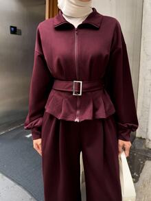 DAZY Autumn/Winter Women's 2 Pieces Set With Stand Collar Burgundy Zipper Waist Belt Cinched Waist Ruffle Hem Top And Matching Wide Leg Pants For Commute And Streetwear - Red - View 6