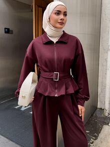 DAZY Autumn/Winter Women's 2 Pieces Set With Stand Collar Burgundy Zipper Waist Belt Cinched Waist Ruffle Hem Top And Matching Wide Leg Pants For Commute And Streetwear - Red - View 5
