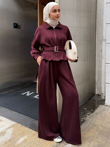 DAZY Autumn/Winter Women's 2 Pieces Set With Stand Collar Burgundy Zipper Waist Belt Cinched Waist Ruffle Hem Top And Matching Wide Leg Pants For Commute And Streetwear - Red - View 1