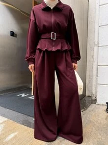 DAZY Autumn/Winter Women's 2 Pieces Set With Stand Collar Burgundy Zipper Waist Belt Cinched Waist Ruffle Hem Top And Matching Wide Leg Pants For Commute And Streetwear - Red - View 3