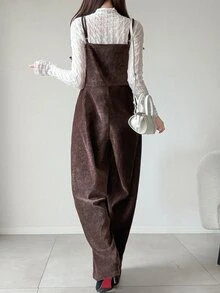 FRIFUL Women's Autumn Solid Color Velvet Bowknot Decor Jumpsuit - Coffee Brown - View 2