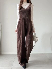 FRIFUL Women's Autumn Solid Color Velvet Bowknot Decor Jumpsuit - Coffee Brown - View 1