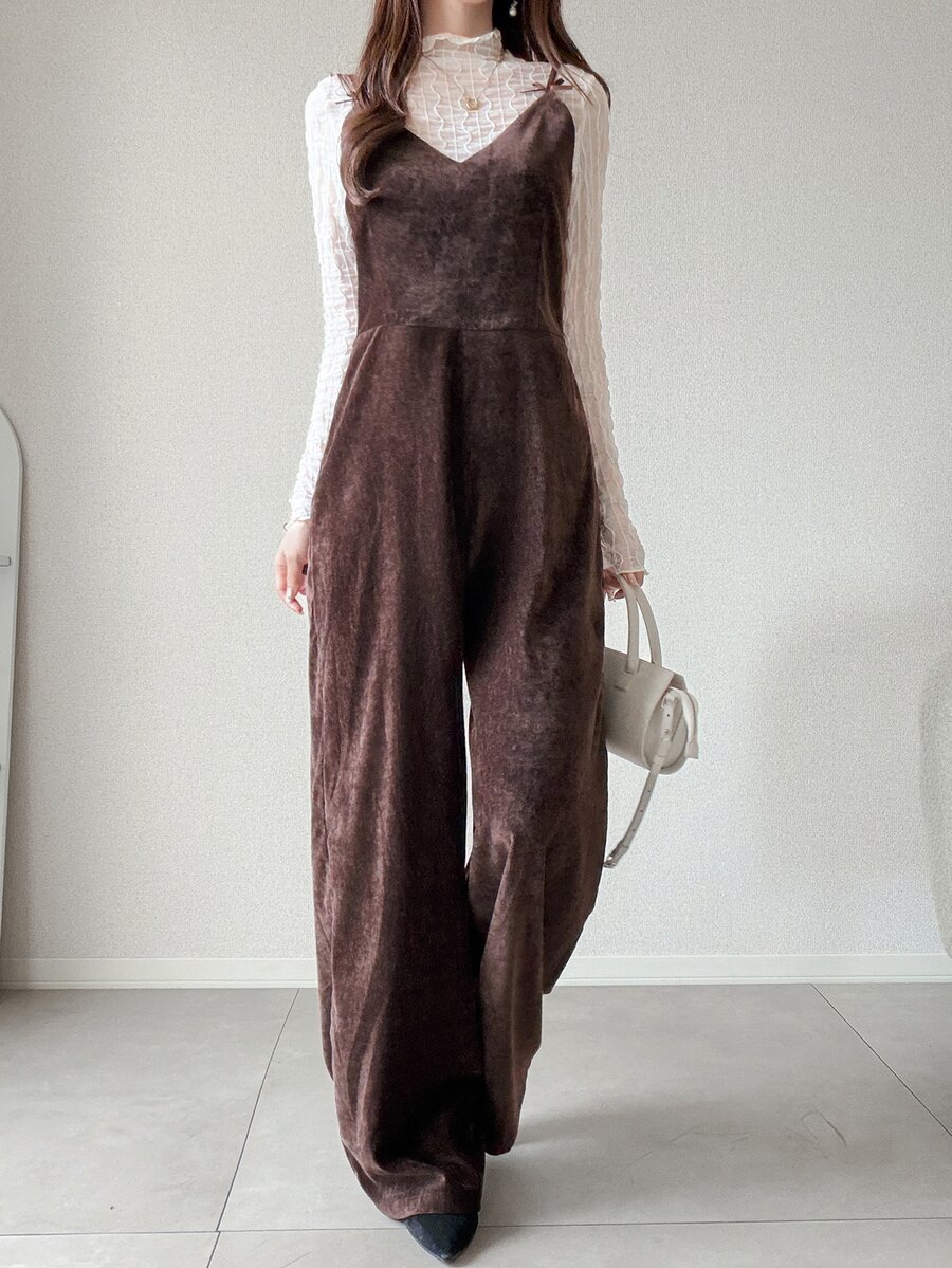 FRIFUL Women's Autumn Solid Color Velvet Bowknot Decor Jumpsuit - Coffee Brown - View 1