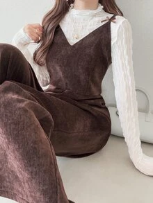 FRIFUL Women's Autumn Solid Color Velvet Bowknot Decor Jumpsuit - Coffee Brown - View 8