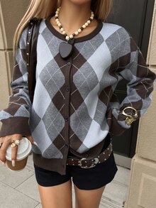 Strévra Women's Blue Round Neck Button Cable Knit Long Sleeve Slim Fit Ribbed Cardigan, Autumn/Winter - Blue - View 5