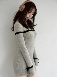 FRIFUL Women's High Neck Contrast Color Bowknot Short Dress Everyday Date Grey Autumn French Casual - Apricot - View 8