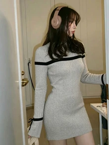 FRIFUL Women's High Neck Contrast Color Bowknot Short Dress Everyday Date Grey Autumn French Casual - Apricot - View 3