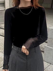 FRIFUL Áo thun nữ mùa thu màu trơn phối lưới nhung tương phản - màu đen - Xem 4