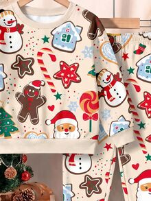 Infant Toddler Round Neck Long Sleeve Long Pants Casual Comfortable Set, Classic Christmas Snowflake Pattern Print, Classic Cartoon Cute Reindeer Santa Claus Pattern Print, Merry Christmas Text Pattern Print, Classic Christmas Snowflake Pattern Print, Classic Cute Cartoon Hand-Drawn Gingerbread Man Pattern Print, Suitable For Autumn/Winter, Suitable For Christmas - Multicolor - View 4