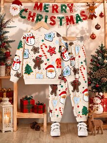 Infant Toddler Round Neck Long Sleeve Long Pants Casual Comfortable Set, Classic Christmas Snowflake Pattern Print, Classic Cartoon Cute Reindeer Santa Claus Pattern Print, Merry Christmas Text Pattern Print, Classic Christmas Snowflake Pattern Print, Classic Cute Cartoon Hand-Drawn Gingerbread Man Pattern Print, Suitable For Autumn/Winter, Suitable For Christmas - Multicolor - View 5
