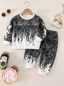 Young Boys Loose Sports Casual Comfortable Long Sleeve Sweatshirt & Pants 2 Pieces Set, Suitable For Autumn/Winter, Classic Handsome Cool Black & White Rose Pattern Print, Handsome Gothic Text Pattern Print, Classic Gradient Flame Pattern Print, Y2K - Multicolor - View 4