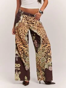 SHEIN BAE Fall& Winter Women's Leopard Print Floral Pattern Pocket Wide Leg Casual Denim Jeans Elegant - Multicolor - View 4
