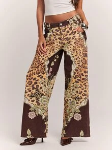 SHEIN BAE Fall& Winter Women's Leopard Print Floral Pattern Pocket Wide Leg Casual Denim Jeans Elegant - Multicolor - View 6