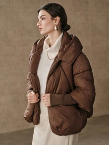 Anewsta Short Thick Hooded Oversized Fur Collar Ribbed Cuff Fuzzy Winter Jacket - Coffee Brown - View 7