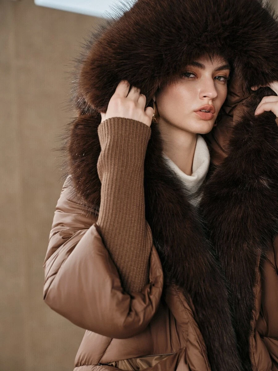 Anewsta Short Thick Hooded Oversized Fur Collar Ribbed Cuff Fuzzy Winter Jacket - Coffee Brown - View 1
