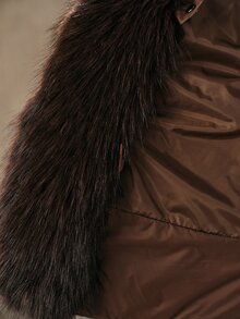 Anewsta Short Thick Hooded Oversized Fur Collar Ribbed Cuff Fuzzy Winter Jacket - Coffee Brown - View 8