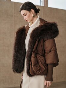Anewsta Short Thick Hooded Oversized Fur Collar Ribbed Cuff Fuzzy Winter Jacket - Coffee Brown - View 4
