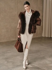 Anewsta Short Thick Hooded Oversized Fur Collar Ribbed Cuff Fuzzy Winter Jacket - Coffee Brown - View 3