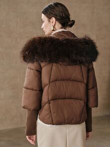 Anewsta Short Thick Hooded Oversized Fur Collar Ribbed Cuff Fuzzy Winter Jacket - Coffee Brown - View 2