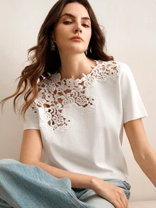 Anewsta 白色T恤蕾丝钩花拼布镂空设计，短袖夏季海滩度假时尚上衣，情人节，新年 - 白色 - 查看 4
