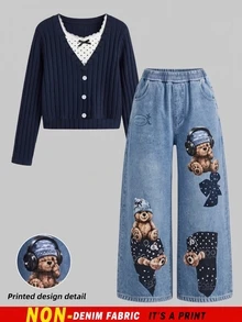 SHEIN 青少年女孩 T-Shirt 套裝，藍色，上衣 + 褲子 2 件套，寬鬆版型，日常穿著，圓領，印花，拉鍊，冬季，可愛校園家庭黑白 - 彩色 - 查看 4