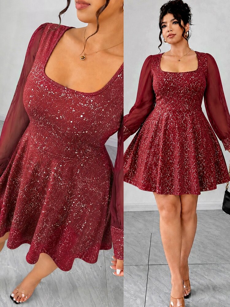 Elenzga Plus Size Women's High Waist Sheer Mesh Patchwork Lantern Long Sleeve Glitter Starry Fabric A-Line Mini Dress, Suitable For Birthday Party, Couple Date, Best Friend Gathering, Best Friend Afternoon Tea, Small Evening Party, Elegant Dress - Burgundy - View 9