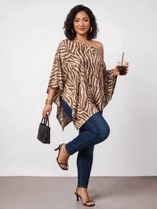 Truni Plus-Size Knit Zebra Print One-Shoulder Asymmetrical Shawl Top Pear Body,Triangle Body - Multicolor - View 4