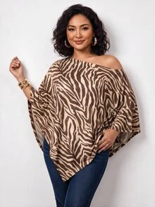 Truni Plus-Size Knit Zebra Print One-Shoulder Asymmetrical Shawl Top Pear Body,Triangle Body - Multicolor - View 1