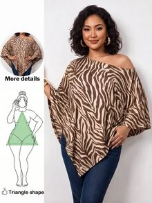 Truni Plus-Size Knit Zebra Print One-Shoulder Asymmetrical Shawl Top Pear Body,Triangle Body - Multicolor - View 6