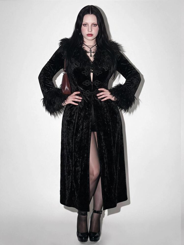 SHEIN ICON Plus Size Y2K Vintage V-Neck Fur Collar Patchwork Velvet Long Gothic Coat Jacket, Halloween Witch Fall - Black - View 2