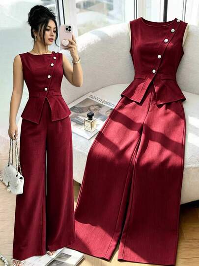 Elenzga New Round Neck Asymmetric Collar Pearl Button Sleeveless Cinched Waist Split Hem Faux Pocket Decor Top & Drapey Wide Leg Pants Design Niche Elegant Commute Casual Women's 2-Piece Set