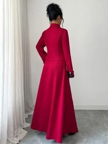 Elenzga 女款秋冬時尚優雅布料撞色蝴蝶結設計不對稱前開襟上衣與裙子兩件套，適合外出、約會與派對 - 紅色 - 查看 2