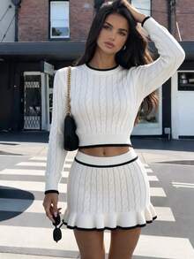 Flora Isola Flora Isola Autumn/Winter Commute Shopping Party Cable Contrast Edge Sweater + Ruffle Hem Skirt Women's 2 Pieces Set - White - View 3