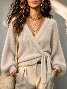 LUMIGAL Women's Vintage Casual Elegant Fashion Lace-Up Sweater For Vacation And Travel Brunch Beige Autumn - Khaki - View 3