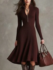 LUMIGAL Women's Solid Color Long Sleeve Zipper Front Casual Knit Dress - Brown - View 4