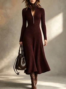 LUMIGAL Women's Solid Color Long Sleeve Zipper Front Casual Knit Dress - Brown - View 2