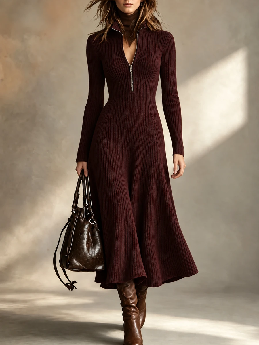 LUMIGAL Women's Solid Color Long Sleeve Zipper Front Casual Knit Dress