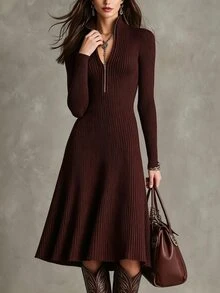LUMIGAL Women's Solid Color Long Sleeve Zipper Front Casual Knit Dress - Brown - View 5