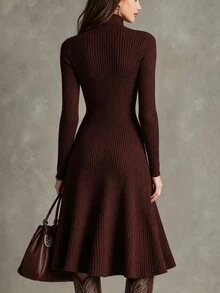 LUMIGAL Women's Solid Color Long Sleeve Zipper Front Casual Knit Dress - Brown - View 3