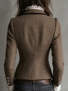 SHEIN Women's Autumn/Winter New Houndstooth Front Button Blazer Jacket, Velvet Trim, Elegant Commuter Slim Fit Suit - Brown - View 3