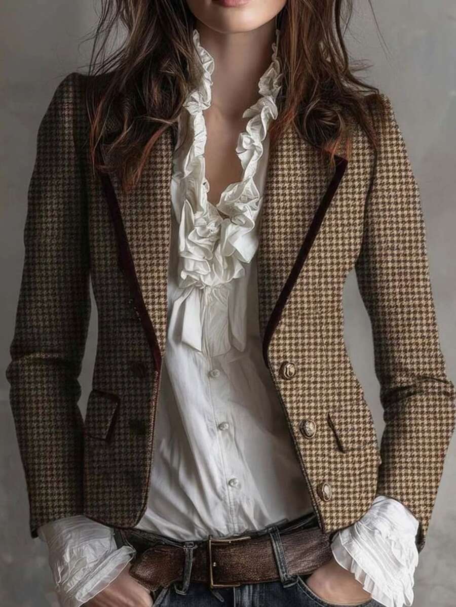 SHEIN Women's Autumn/Winter New Houndstooth Front Button Blazer Jacket, Velvet Trim, Elegant Commuter Slim Fit Suit