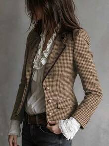 SHEIN Women's Autumn/Winter New Houndstooth Front Button Blazer Jacket, Velvet Trim, Elegant Commuter Slim Fit Suit - Brown - View 6