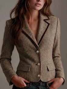 SHEIN Women's Autumn/Winter New Houndstooth Front Button Blazer Jacket, Velvet Trim, Elegant Commuter Slim Fit Suit - Brown - View 8